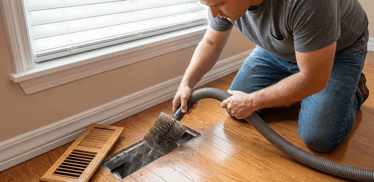 Air duct cleaning technician vacuuming a floor vent and duct opening in Chula Vista, CA