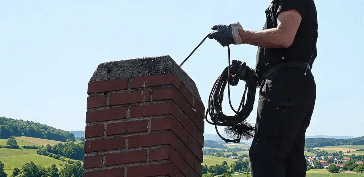 Chimney sweep inspecting and cleaning a rooftop chimney in Chula Vista, CA