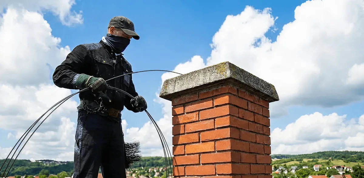 Chimney sweep cleaning a brick chimney with professional tools in Chula Vista, CA
